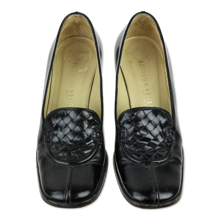 Bottega Veneta Black Buffed Intrecciato Leather Loafer Pump