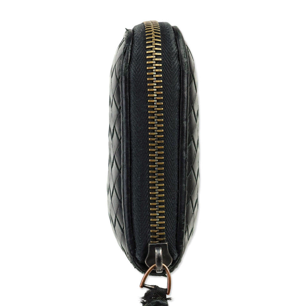 Bottega Veneta Black Intrecciato Leather Zip-Around Wallet