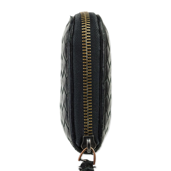 Bottega Veneta Black Intrecciato Leather Zip-Around Wallet
