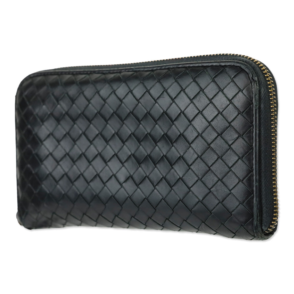 Bottega Veneta Black Intrecciato Leather Zip-Around Wallet