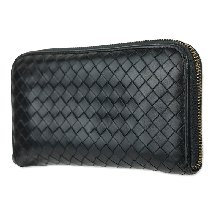 Bottega Veneta Black Intrecciato Leather Zip-Around Wallet
