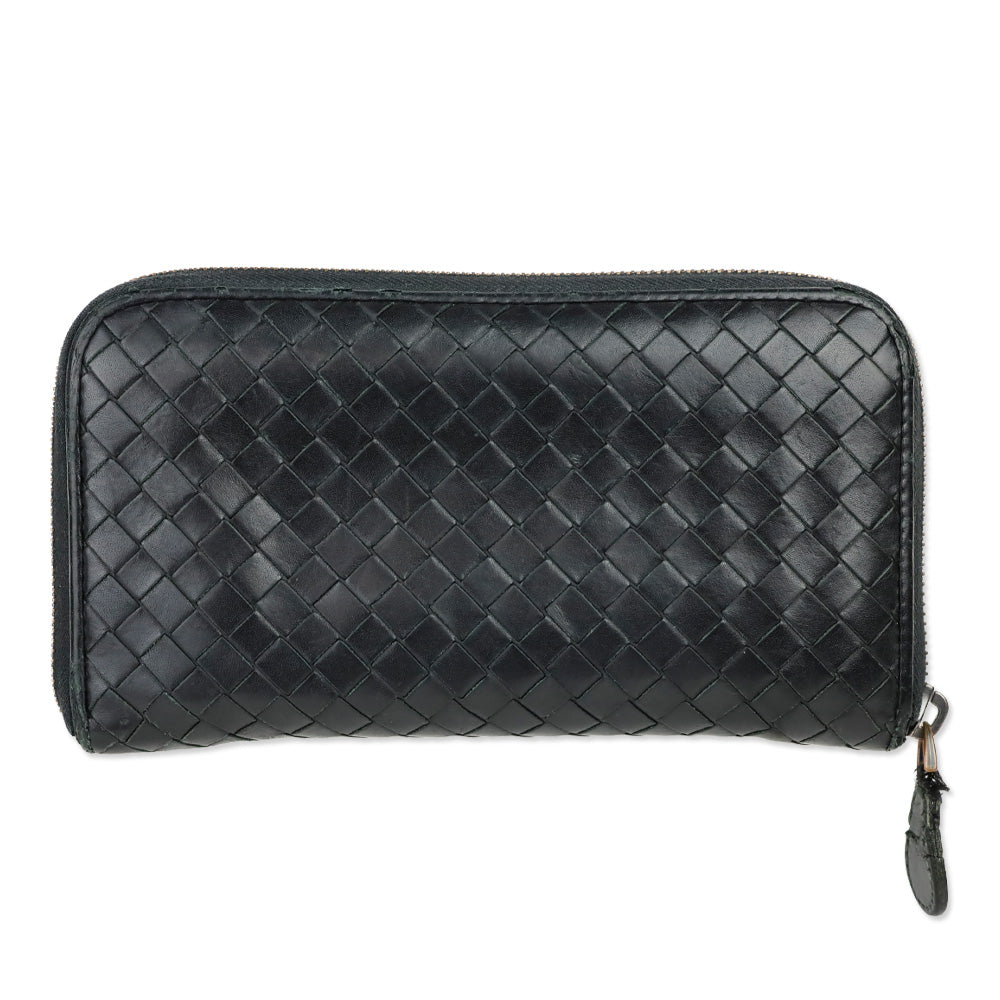 Bottega Veneta Black Intrecciato Leather Zip-Around Wallet