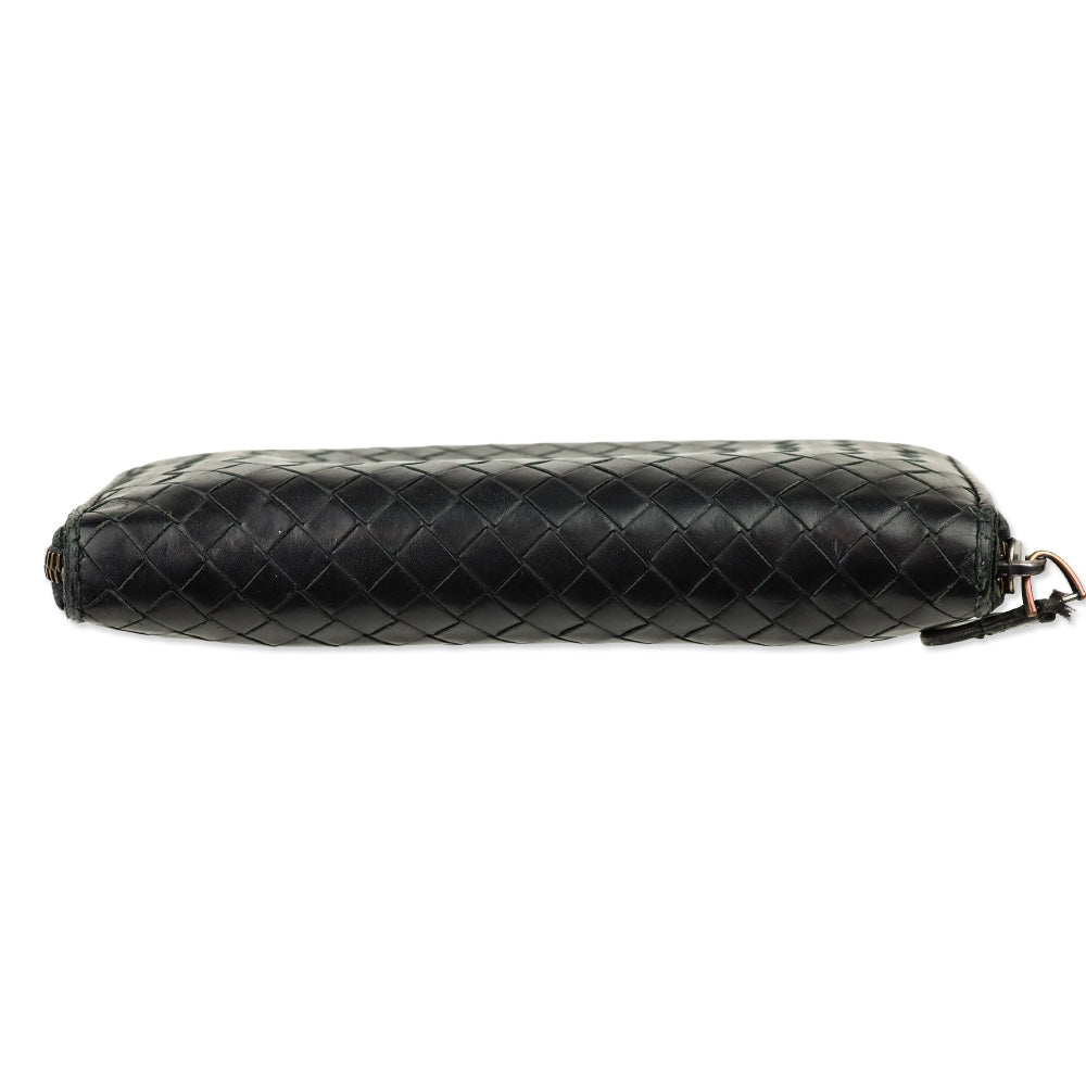 Bottega Veneta Black Intrecciato Leather Zip-Around Wallet