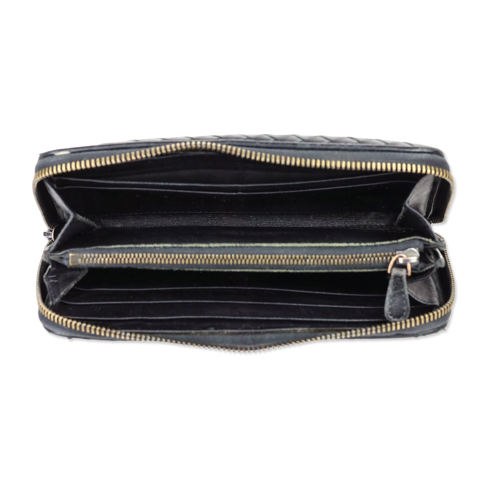 Bottega Veneta Black Intrecciato Leather Zip-Around Wallet