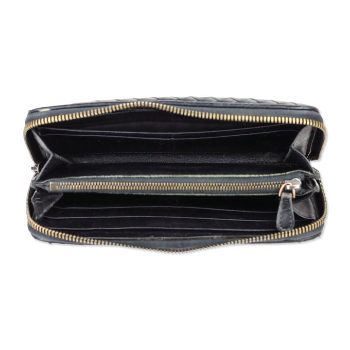 Bottega Veneta Black Intrecciato Leather Zip-Around Wallet