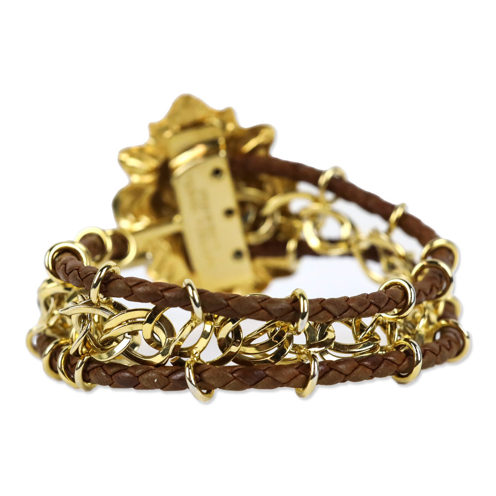 Bottega Veneta Brown Braided Leather Gold Chainlink Lion Bracelet