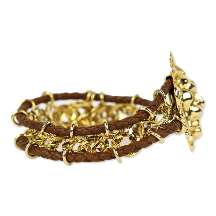 Bottega Veneta Brown Braided Leather Gold Chainlink Lion Bracelet