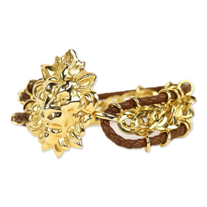 Bottega Veneta Brown Braided Leather Gold Chainlink Lion Bracelet