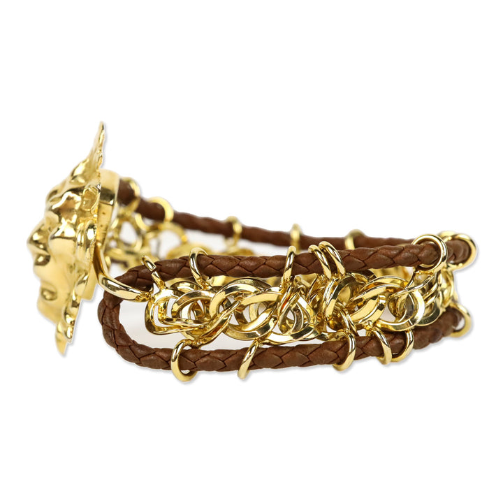 Bottega Veneta Brown Braided Leather Gold Chainlink Lion Bracelet