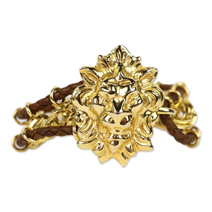 Bottega Veneta Brown Braided Leather Gold Chainlink Lion Bracelet
