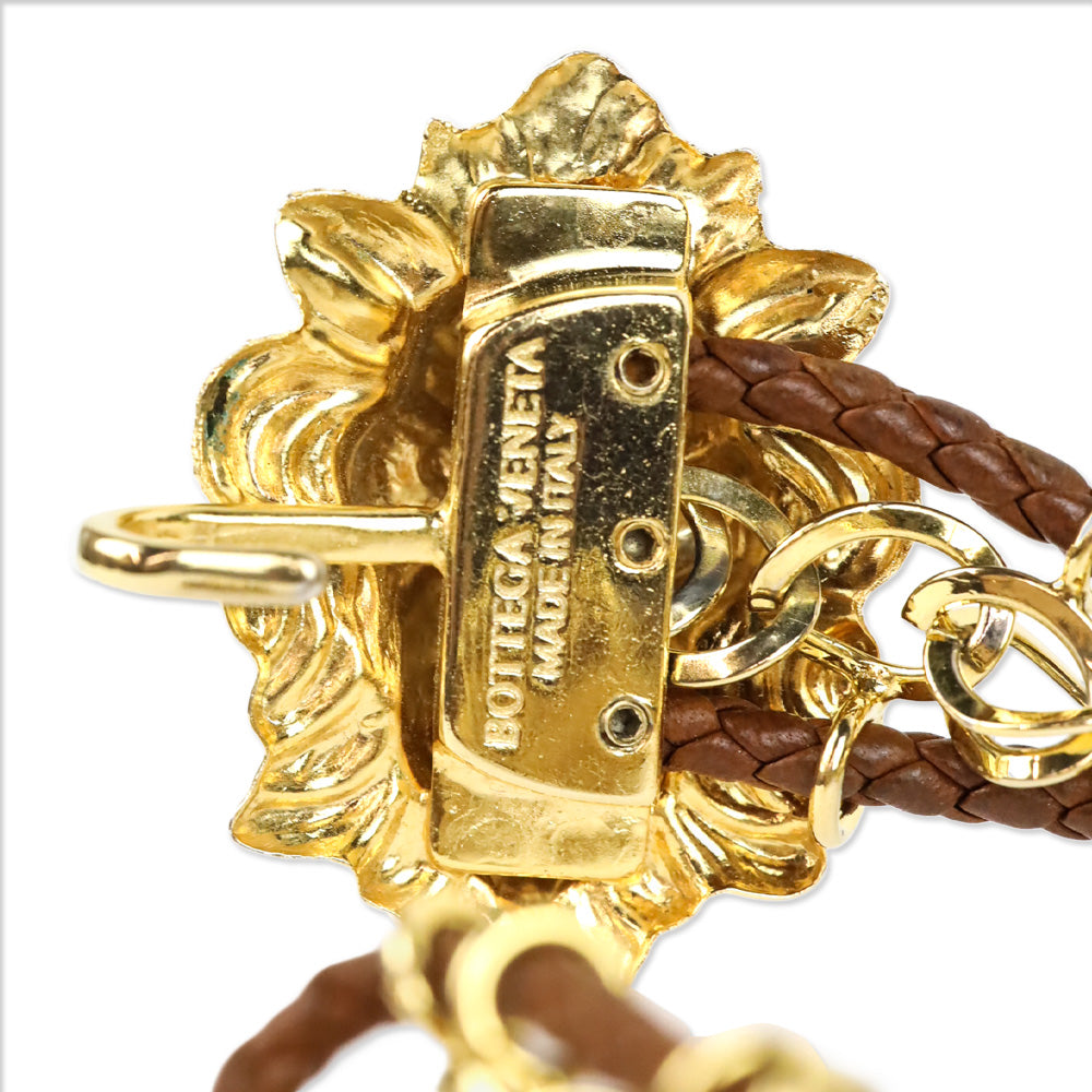 Bottega Veneta Brown Braided Leather Gold Chainlink Lion Bracelet
