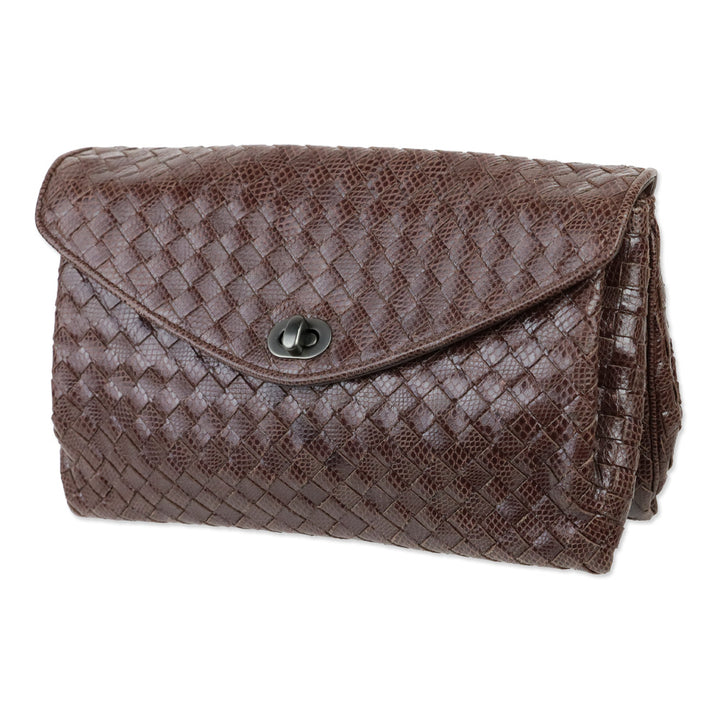 Bottega Veneta Brown Snakeskin Intrecciato Envelope Clutch
