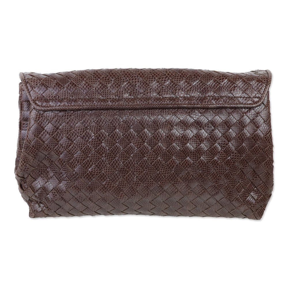 Bottega Veneta Brown Snakeskin Intrecciato Envelope Clutch