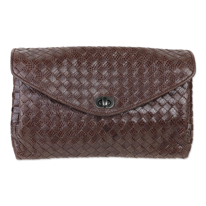 Bottega Veneta Brown Snakeskin Intrecciato Envelope Clutch