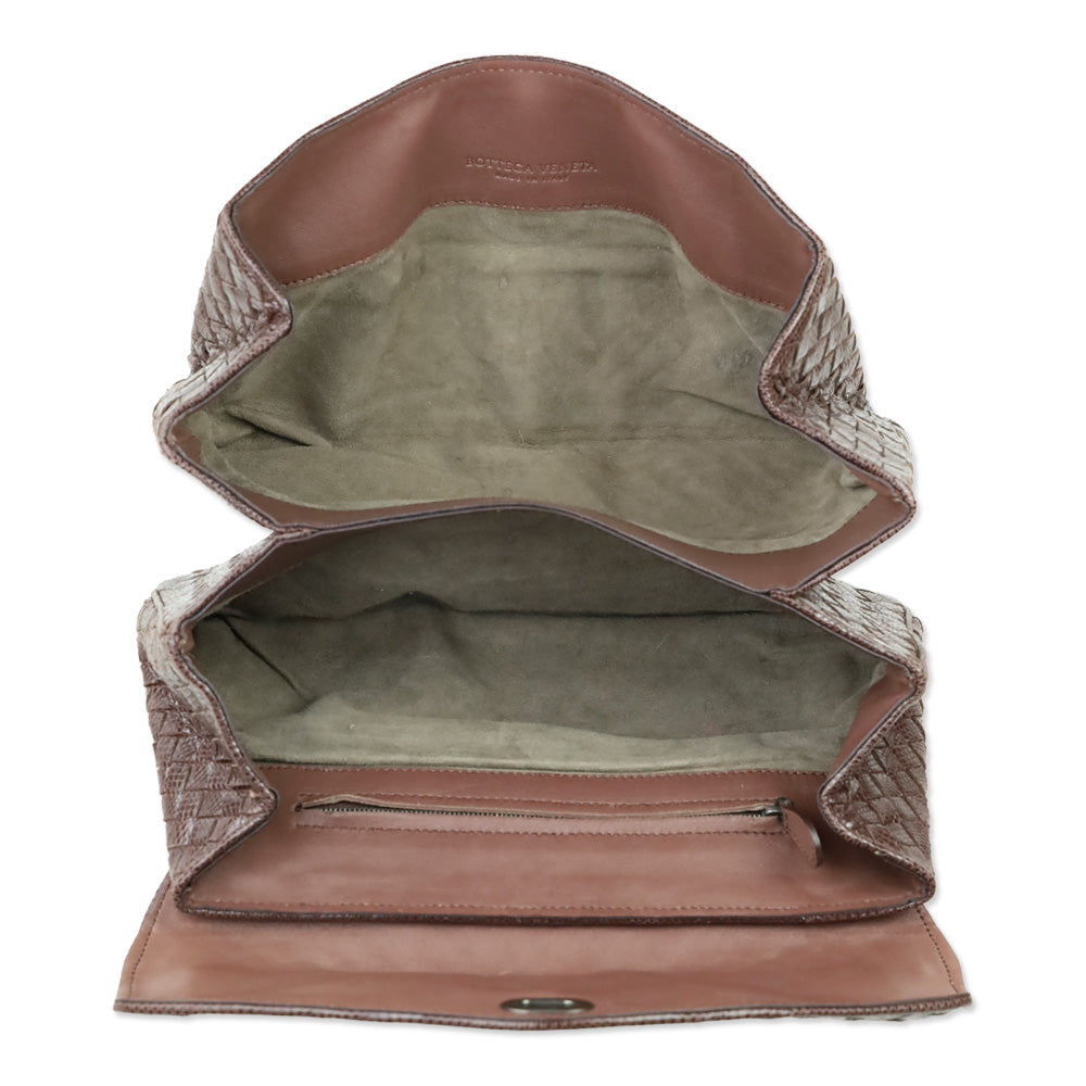 Bottega Veneta Brown Snakeskin Intrecciato Envelope Clutch