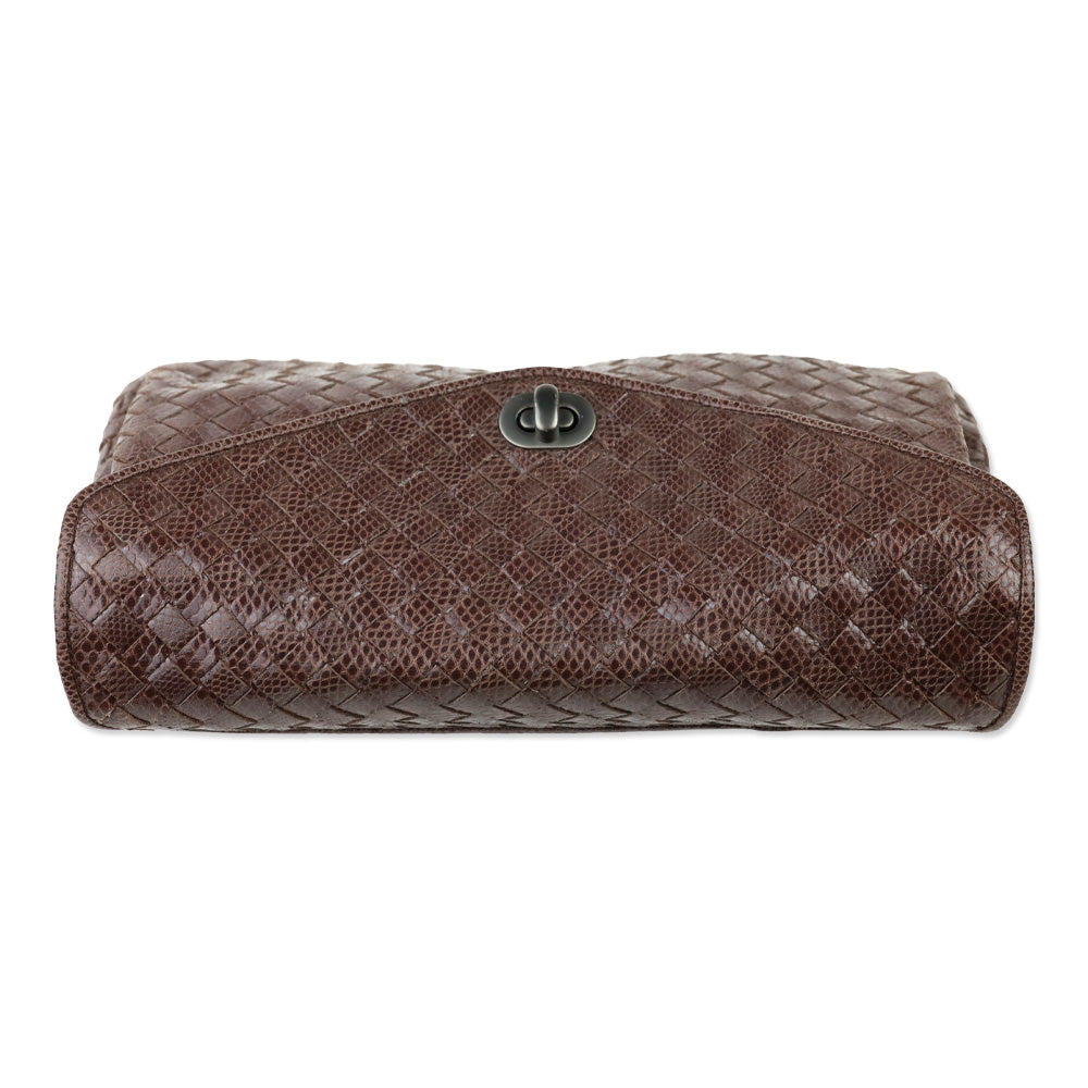 Bottega Veneta Brown Snakeskin Intrecciato Envelope Clutch