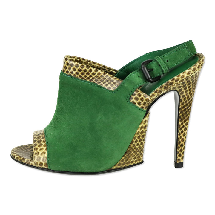 Bottega Veneta Green Suede and Snakeskin Leather Trim Slingback Sandals