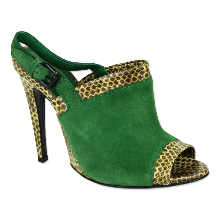 Bottega Veneta Green Suede and Snakeskin Leather Trim Slingback Sandals