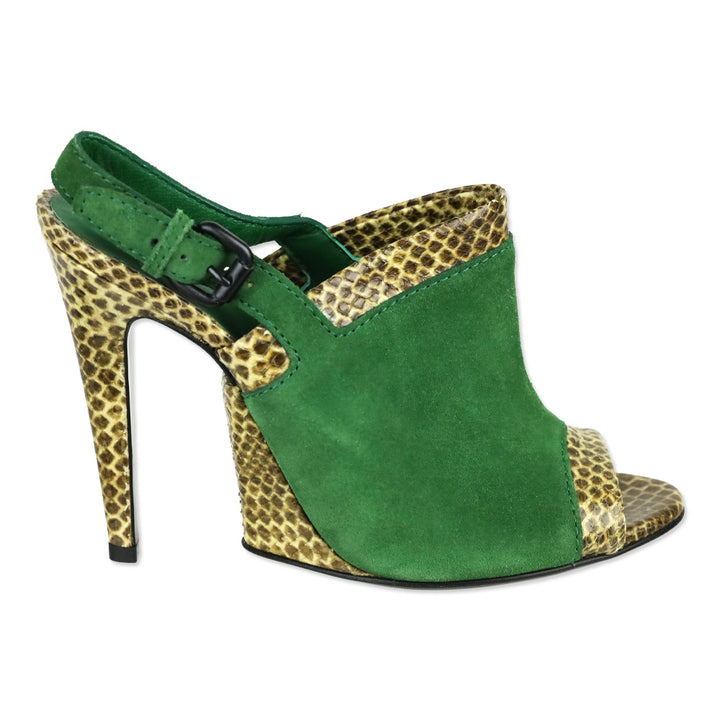 Bottega Veneta Green Suede and Snakeskin Leather Trim Slingback Sandals