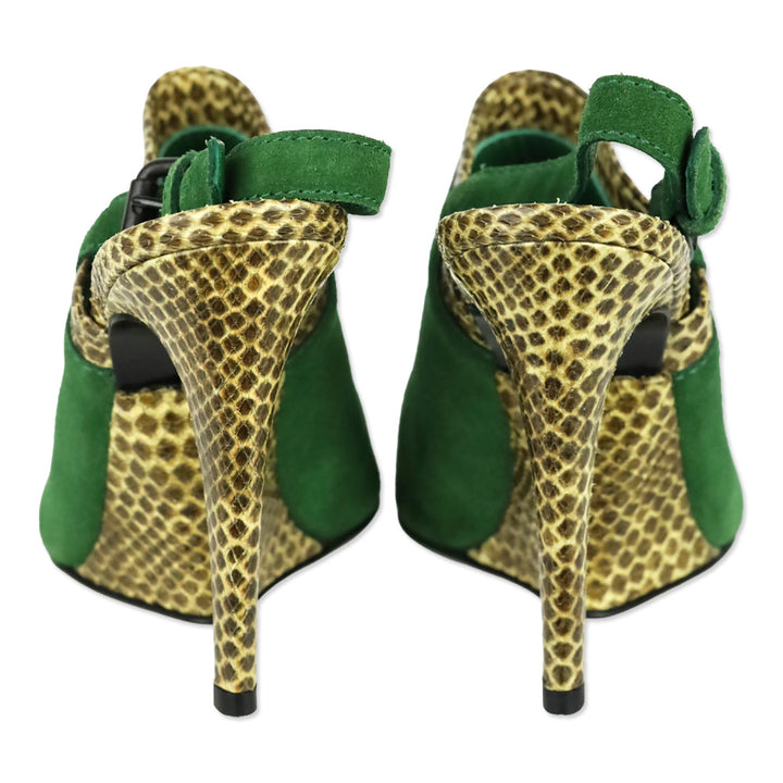Bottega Veneta Green Suede and Snakeskin Leather Trim Slingback Sandals