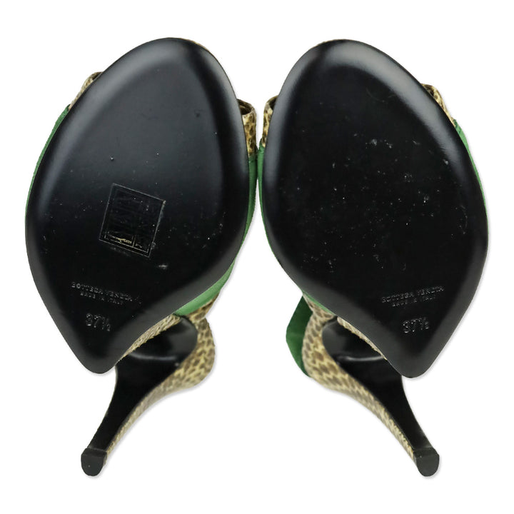 Bottega Veneta Green Suede and Snakeskin Leather Trim Slingback Sandals