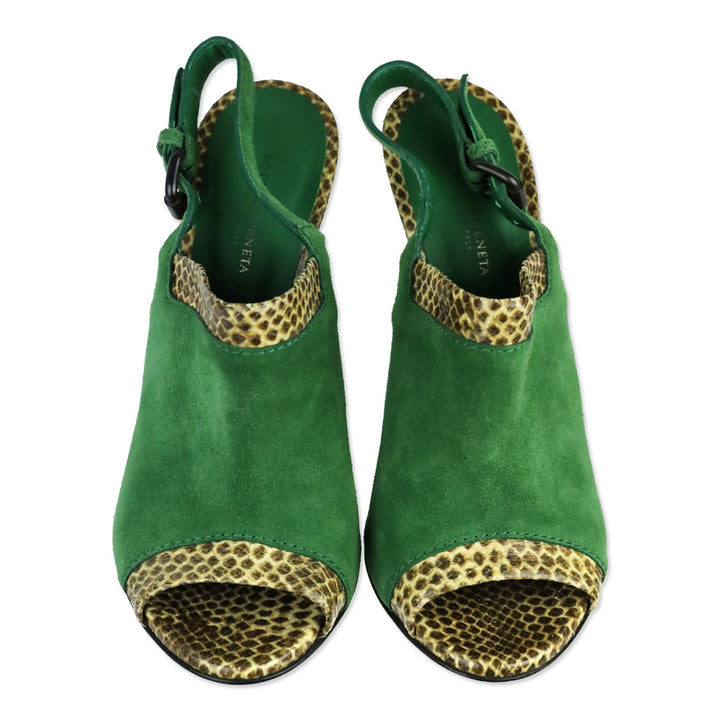 Bottega Veneta Green Suede and Snakeskin Leather Trim Slingback Sandals