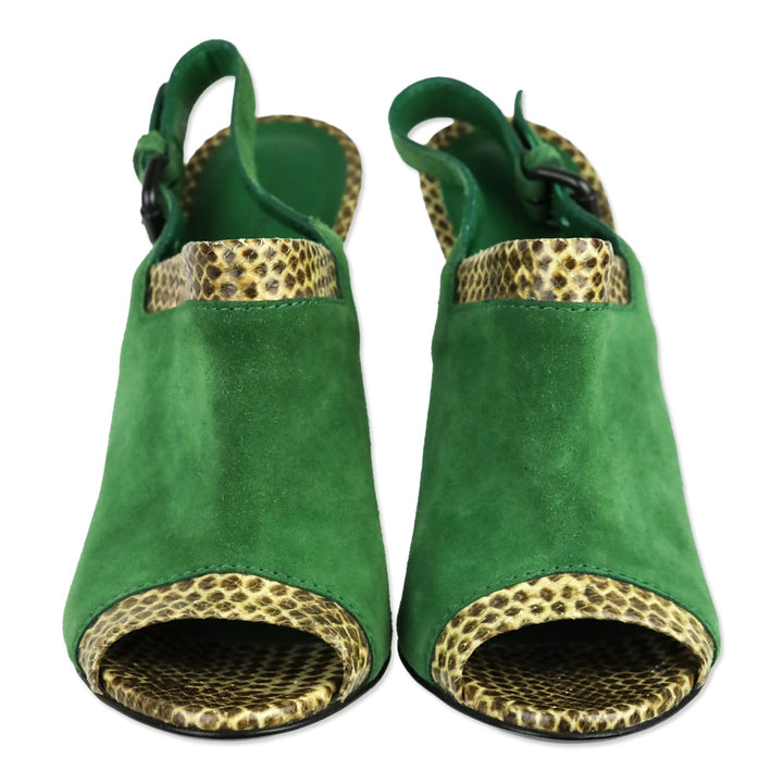 Bottega Veneta Green Suede and Snakeskin Leather Trim Slingback Sandals