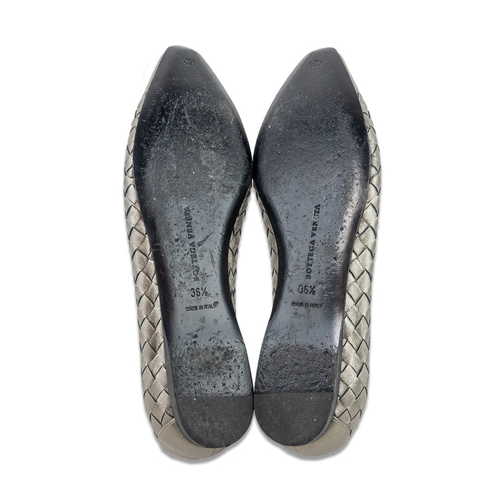 Bottega Veneta Silver Intrecciato Weave Leather Ballet Flats