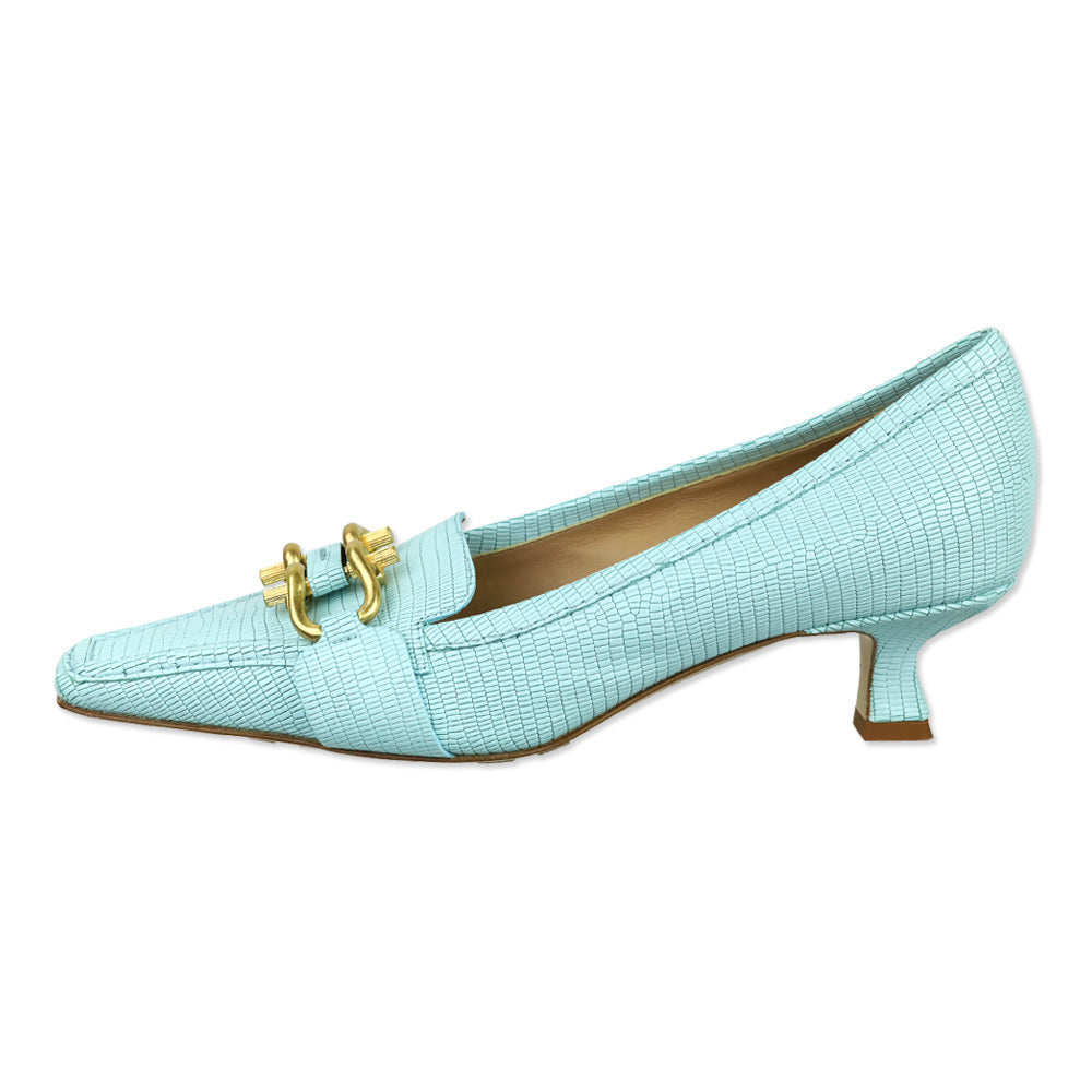 Bottega Veneta Tejus Blue Lizard-Print Horsebit Madame Pumps