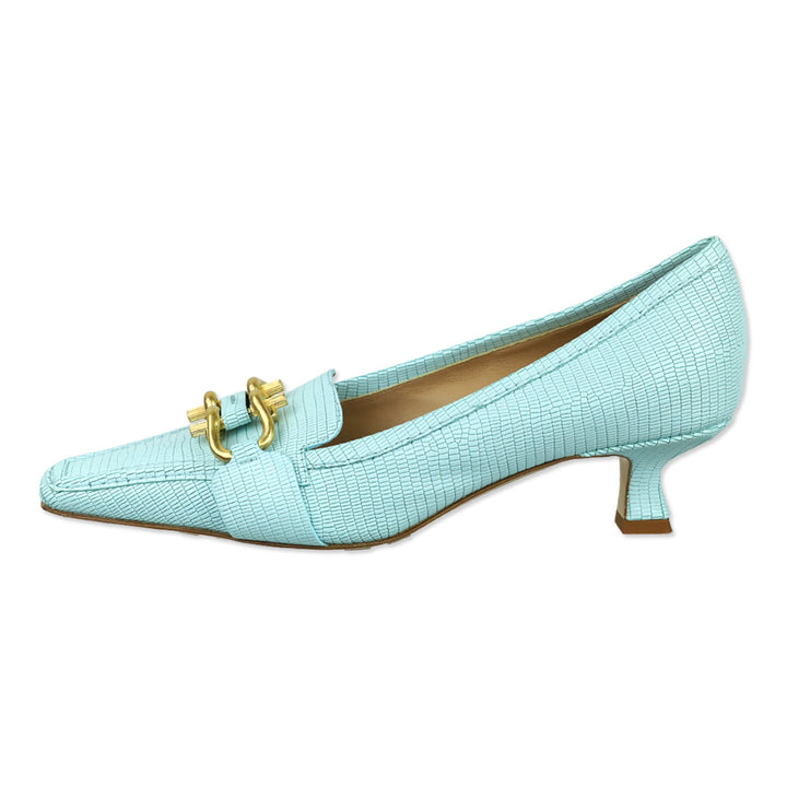 Bottega Veneta Tejus Blue Lizard-Print Horsebit Madame Pumps