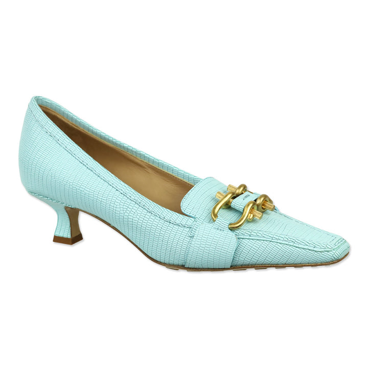 Bottega Veneta Tejus Blue Lizard-Print Horsebit Madame Pumps