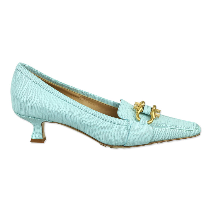 Bottega Veneta Tejus Blue Lizard-Print Horsebit Madame Pumps