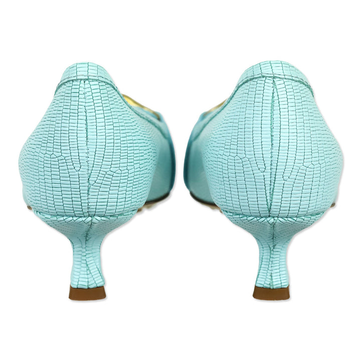 Bottega Veneta Tejus Blue Lizard-Print Horsebit Madame Pumps
