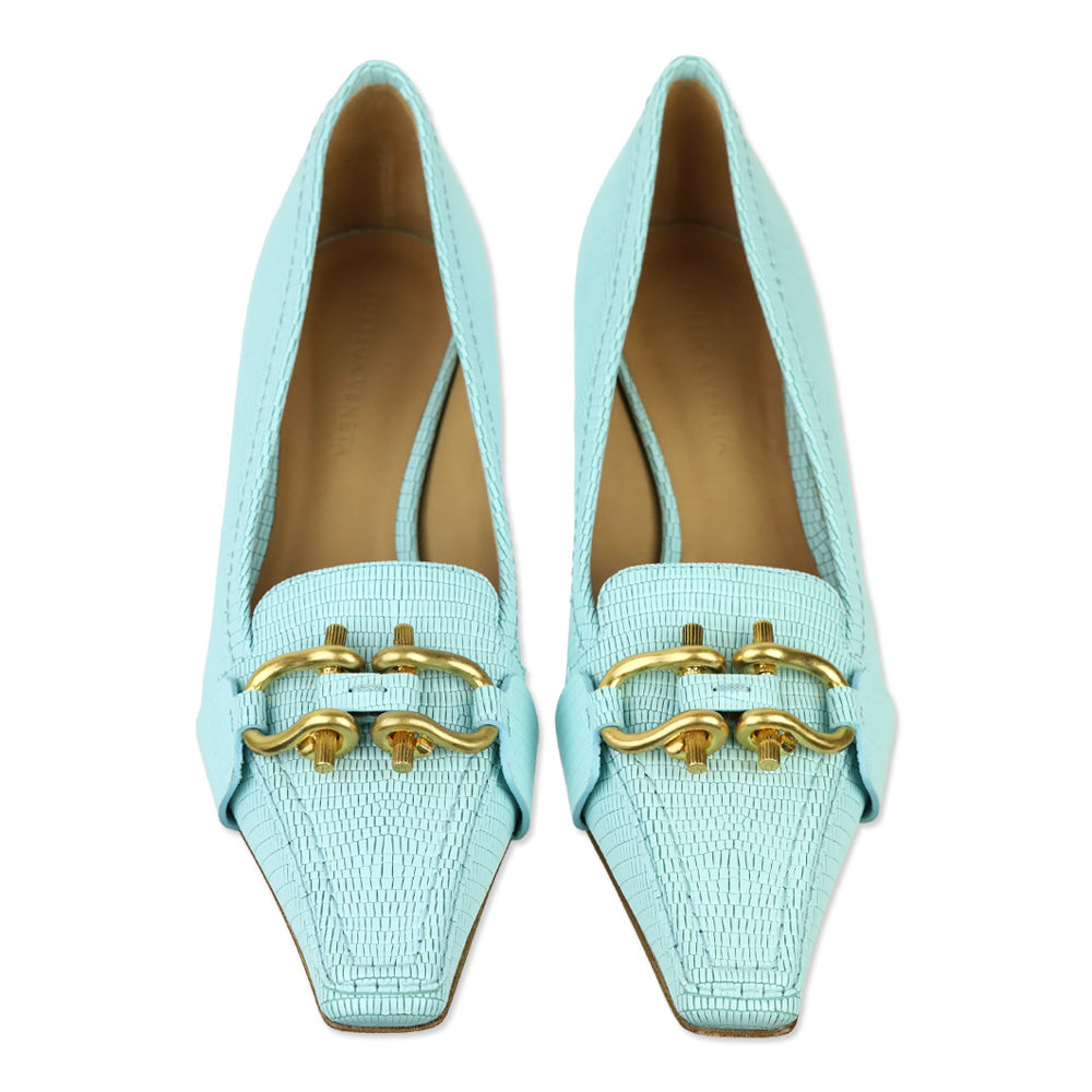 Bottega Veneta Tejus Blue Lizard-Print Horsebit Madame Pumps