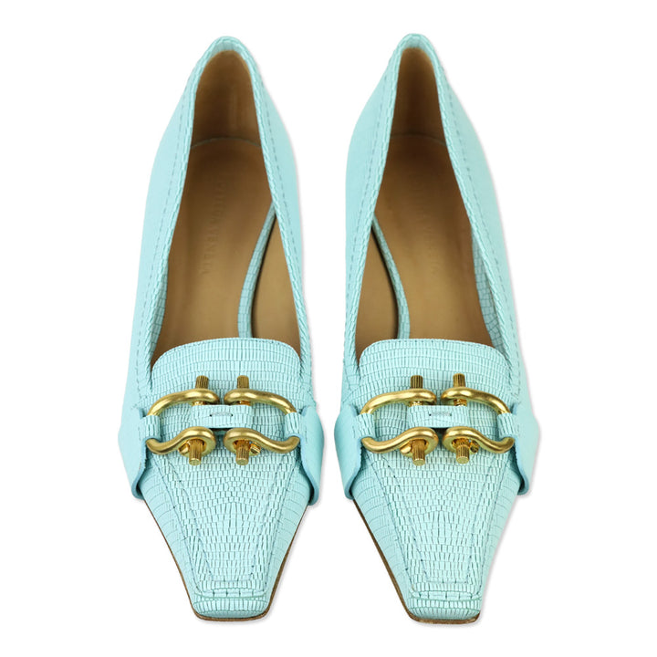 Bottega Veneta Tejus Blue Lizard-Print Horsebit Madame Pumps