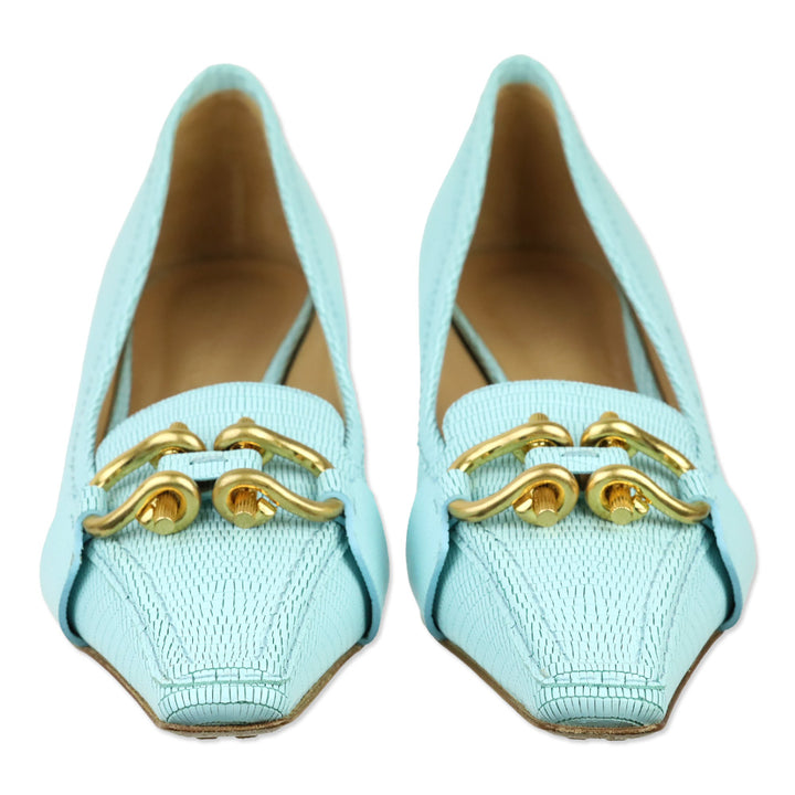 Bottega Veneta Tejus Blue Lizard-Print Horsebit Madame Pumps