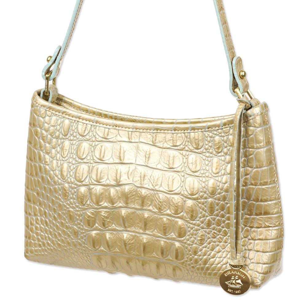 Brahmin Ivory Gold Croc Embossed Leather Shoulder Bag