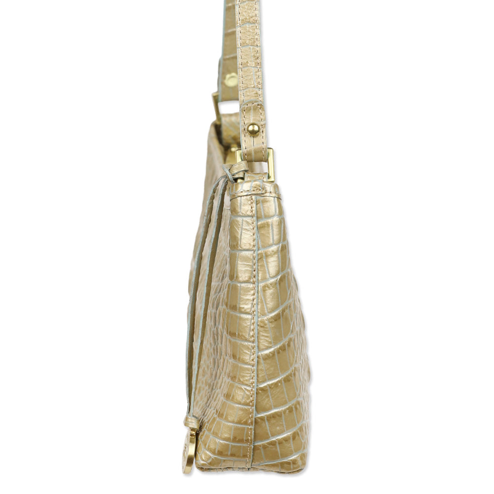 Brahmin Ivory Gold Croc Embossed Leather Shoulder Bag