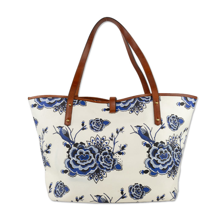 Brahmin White Coated Canvas Blue Delft Pattern All Day Tote