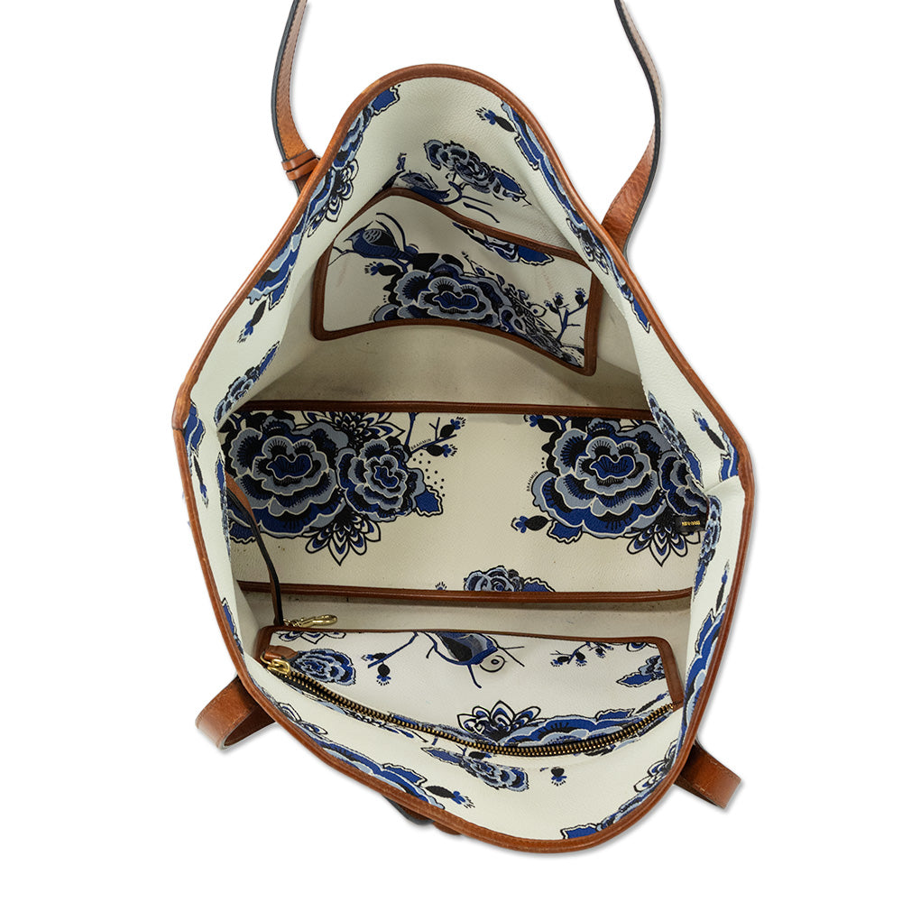 Brahmin White Coated Canvas Blue Delft Pattern All Day Tote