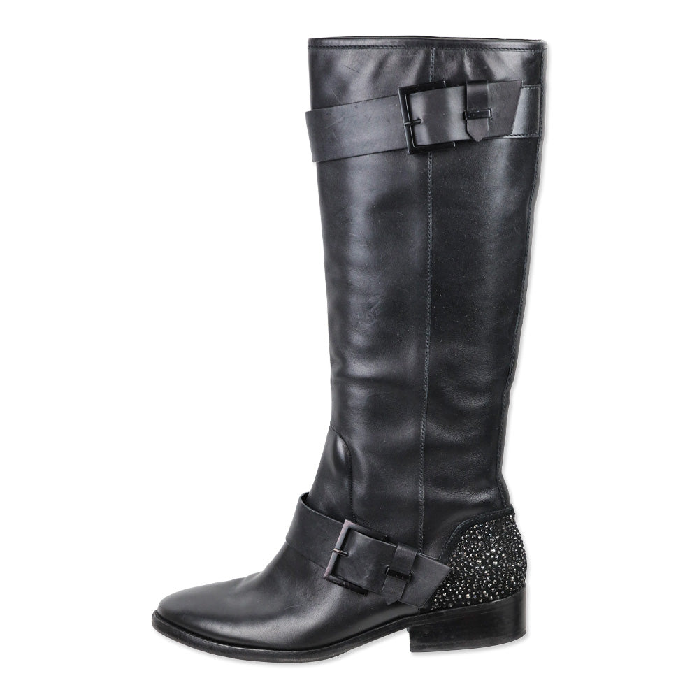 Brian Atwood Dita Black Leather Crystal Knee-High Riding Boots