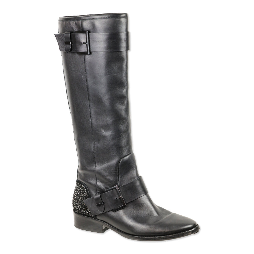 Brian Atwood Dita Black Leather Crystal Knee-High Riding Boots