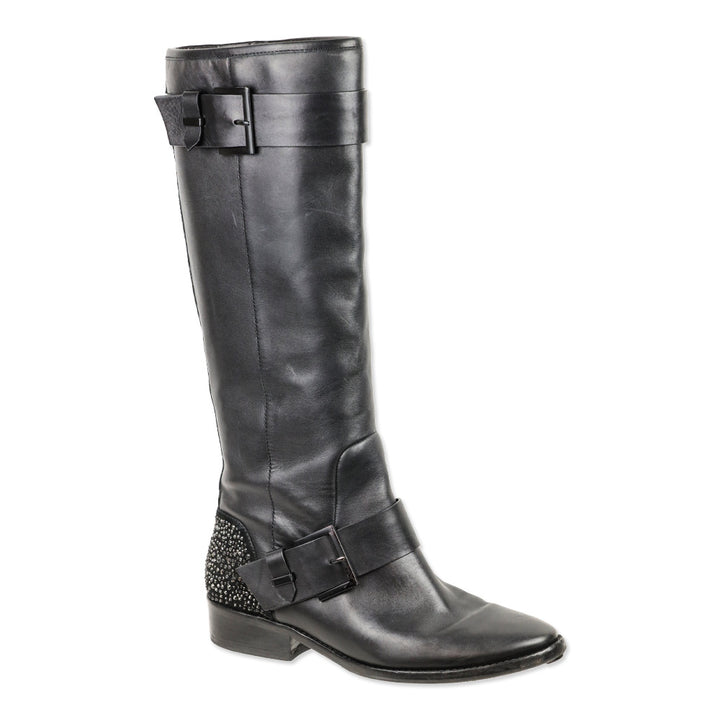 Brian Atwood Dita Black Leather Crystal Knee-High Riding Boots
