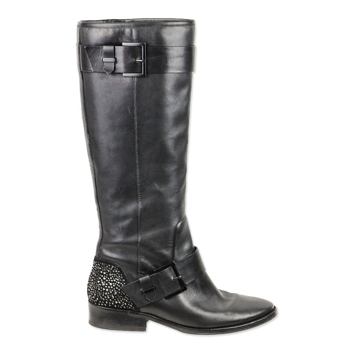 Brian Atwood Dita Black Leather Crystal Knee-High Riding Boots