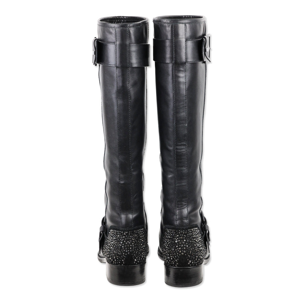 Brian Atwood Dita Black Leather Crystal Knee-High Riding Boots