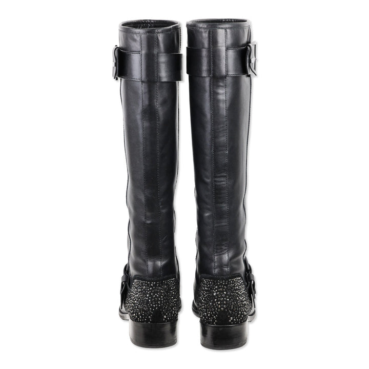 Brian Atwood Dita Black Leather Crystal Knee-High Riding Boots