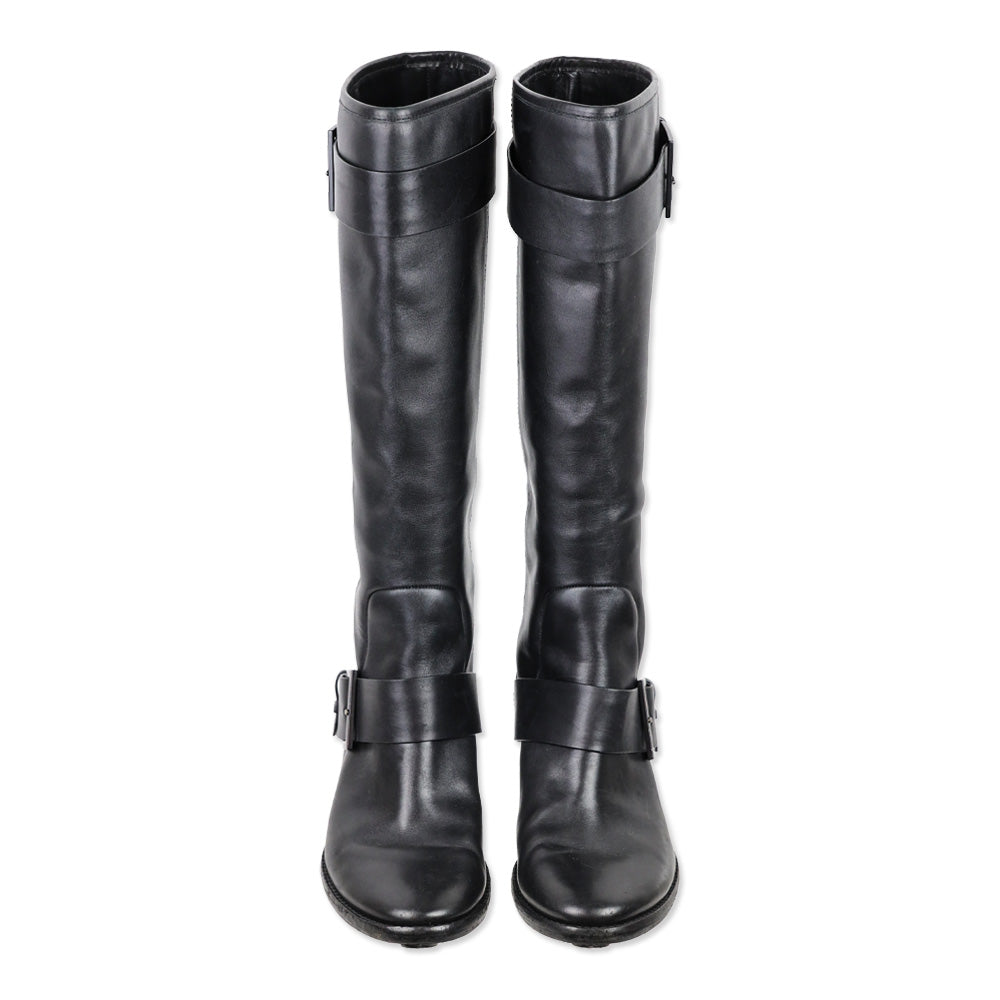 Brian Atwood Dita Black Leather Crystal Knee-High Riding Boots