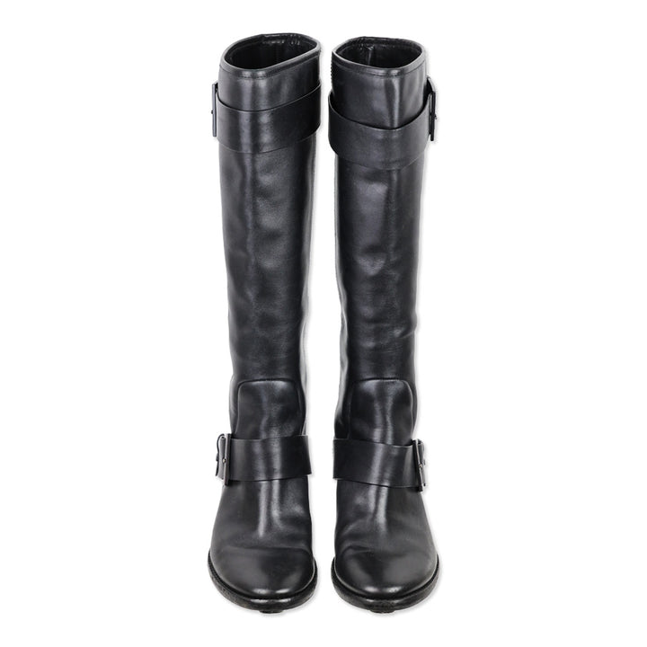 Brian Atwood Dita Black Leather Crystal Knee-High Riding Boots