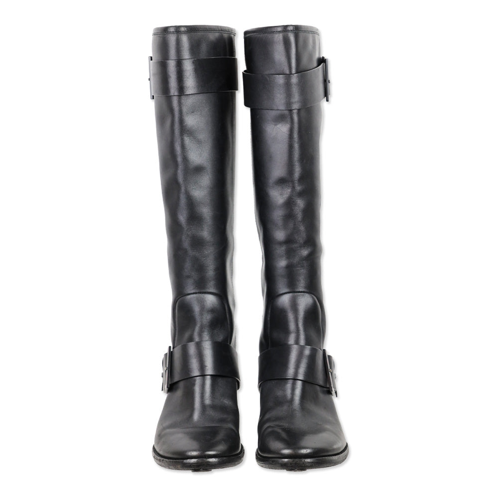 Brian Atwood Dita Black Leather Crystal Knee-High Riding Boots