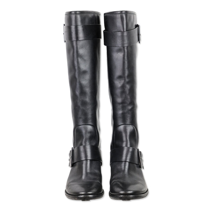 Brian Atwood Dita Black Leather Crystal Knee-High Riding Boots